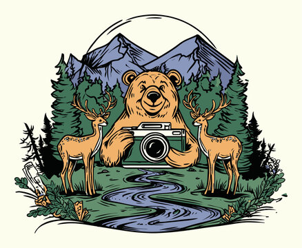 Charming Cartoon Adventure Illustration Featuring Bear and Deer in Nature
