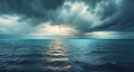 Fototapeta premium A dramatic landscape photo capturing a vast, dark ocean under a stormy sky with sun rays breaking through heavy clouds.