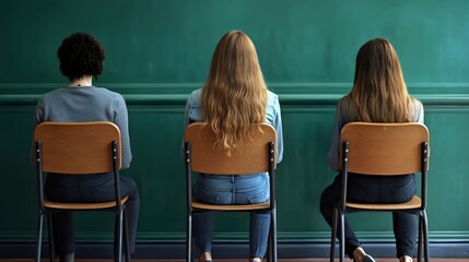 Three women with diverse hair styles sit in front of a teal wall, viewed from behind.