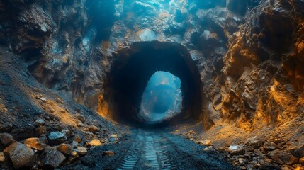 A dark tunnel carved into the rock with a road leading to the light