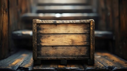 A rustic wooden crate showcases texture and age against a blurred wooden backdrop.