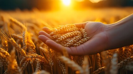 A hand cradles ripe golden wheat, bathed in the warm glow of the setting sun.