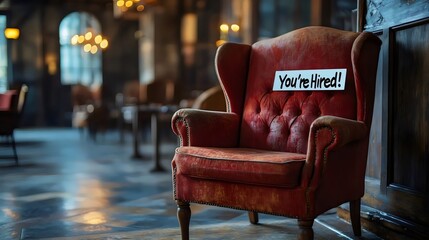 A red armchair with a sign saying, 'you're hired!' in a blurred setting, ready for success.
