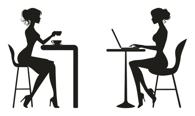 Elegant Silhouette of Women Enjoying Coffee and Working on Laptop