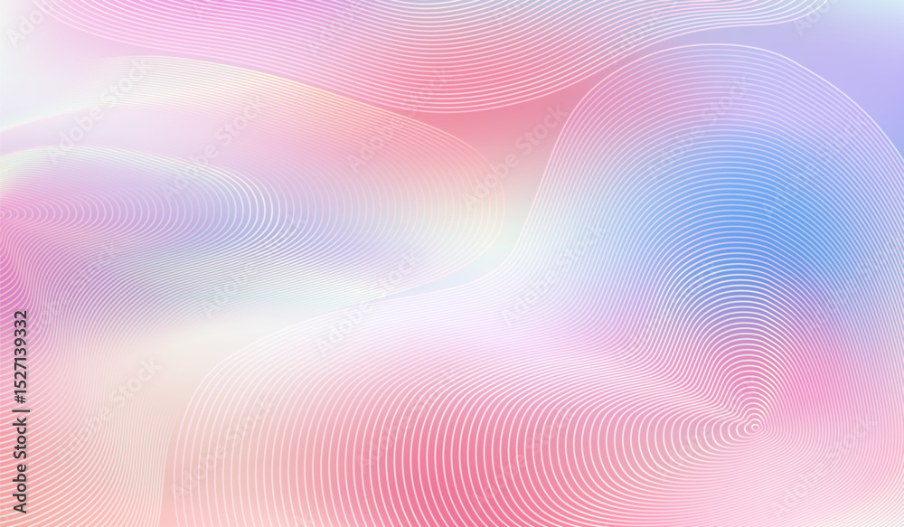 Poster Abstract White Wave Background. Blue and Pink Gradient Lines. Minimal Pattern Design. Tech Circle Hologram Shape.