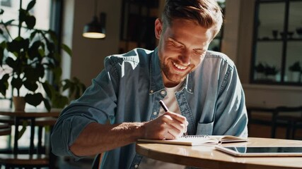 smiling man writing in a notebook while holding a tablet, sitting at a cozy cafe table, natural light streaming through the window - Powered by Adobe