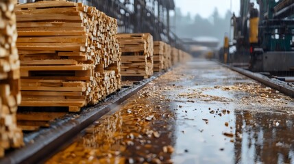 Wooden planks stacked at a sawmill, showing the industrial process and timber production.
