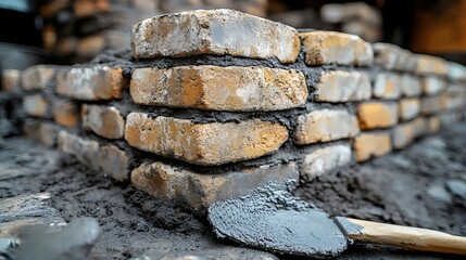 A detailed view of a brick wall under construction with a trowel and mortar.