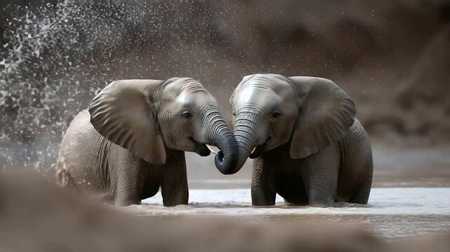 Playful elephants in muddy watering hole interact with each other