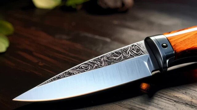 Close-up of sharp hunting knife with decorative engraving on the blade and a rich grain wood handle laying on a wooden surface.