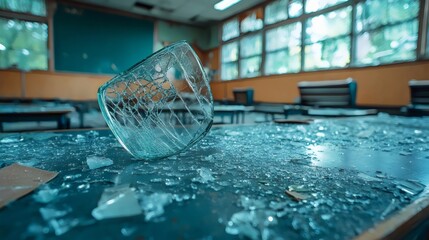 Broken glass and shattered remains in a desolate classroom create a haunting scene.