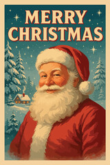 Vintage Christmas card with jolly man and snow covered scene. | for greeting card, cover or poster