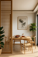 Minimalist dining room with wooden partition and light tones. A serene and functional space for meals and socializing.
