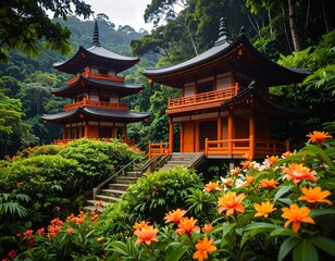 Vibrant Asian temple nestled in lush gardens