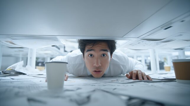 A Stressed Businessman Hiding Under a Desk