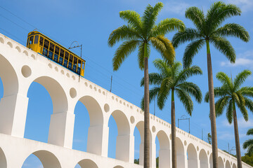 A bright yellow tram running through the old Arcos da Lapa, contrasting with the white of the structure and the green of the palm trees. The image captures the beauty and functionality of one of Rio d