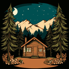 Cozy Cabin Illustration Surrounded by Tall Trees and Mountains at Night