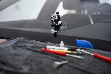 Mounted windshield repair bridge holds resin applicators securely over the crack. Bridge tool for...