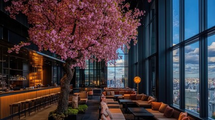 Modern, stylish sky lounge with panoramic city views.