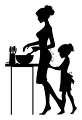 Silhouette of Woman and Child Cooking Together in Stylish Kitchen Scene