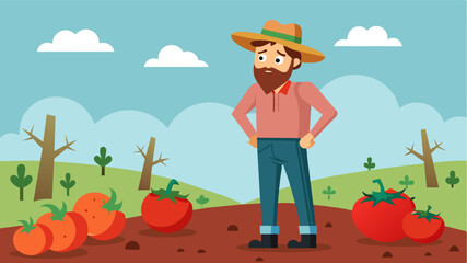 A somber farmer stands next to a destroyed tomato patch recalling the promising beginning of the season and the chaos that ensued.. Vector illustration
