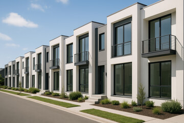 Modern row of minimalist townhouses with balconies large windows and landscaping on suburban street under blue sky