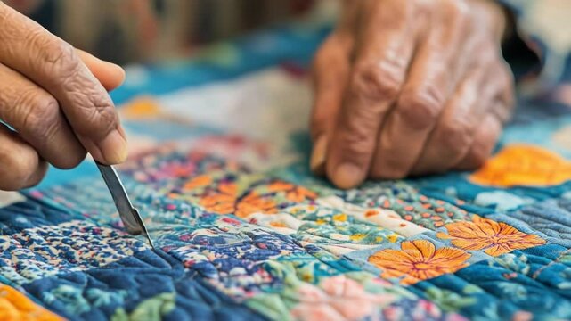 An elderly person carefully stitches a colorful quilt, showcasing intricate patterns and vibrant fabrics