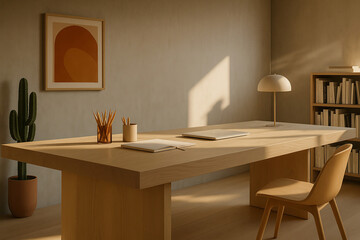 Modern and minimalist workspace with soft natural light, perfect for productivity and creativity. Light wood desk, ergonomic chair, abstract artwork and plants bring a calm and inspiring atmosphere. I