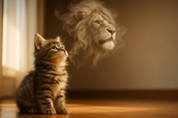 Kitten dreaming of lion with soft sunlight and misty fantasy effect