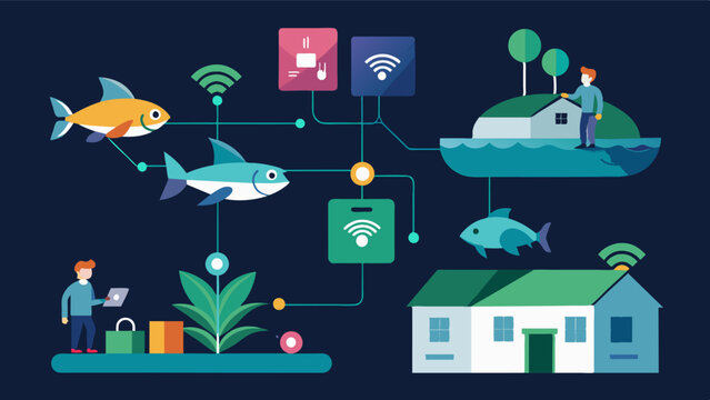 An IoTpowered smart agriculture market platform connecting fish farmers directly to buyers eliminating middlemen and reducing market inefficiencies.. Vector illustration