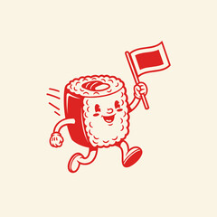 Red Cartoon Sushi Running with Flag Illustration
