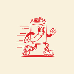 Red Retro Soda Can Character Roller Skating Illustration