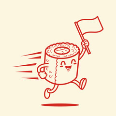 Happy Cartoon Sushi Running with Flag Red Line Art Illustration