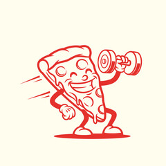 Playful Red Pizza Slice Cartoon Character Lifting Dumbbell