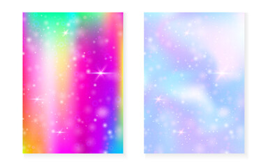 Rainbow background with kawaii princess gradient. Magic unicorn hologram. Holographic fairy set. Colorful fantasy cover. Rainbow background with sparkles and stars for cute girl party invitation.