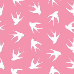 Seamless pattern with swallow silhouette on color background. Cute bird in flight. Vector illustration. Doodle style. Design for invitation, poster, card, fabric, textile.