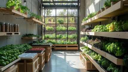 Bright, spacious, and airy produce store with natural light and wooden shelving