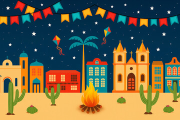 A cheerful and festive setting for a São João night, with iconic elements such as a bonfire, flags, balloons and fireworks illuminating a typical village. Details such as cacti and colorful architectu