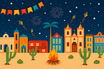 Colorful illustration of a nighttime Festa Junina, with vibrant flags, balloons, a crackling bonfire, fireworks and a starry sky. The typical houses and cacti in the scene reinforce the festive and tr