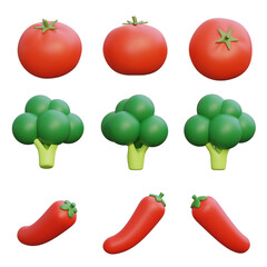 Tomato Broccoli Pepper 3D Icon Set