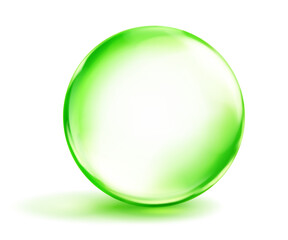 Large translucent smooth green sphere with highlights and soft shadow underneath, on white background. Vector illustration for design projects and creative works.