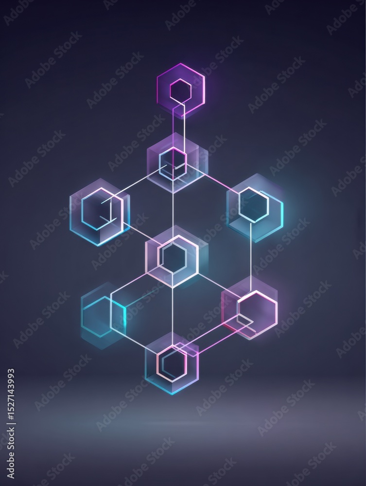 Poster Visual Representation of Blockchain Structure Showing Nodes and Connections in a Modern Futuristic Design With Gradient Colors