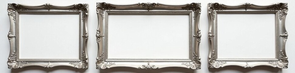Set of aged silver photo frames, clean background , graphics, silver