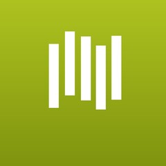 The image features a gradient background transitioning from light yellow-green at the top to a darker green at the bottom. In the center, there are five vertical blue bars of varying heights, placed 