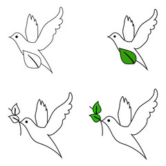 Dove vector icon. Peace bird symbol. Green leaf accent. White background design.