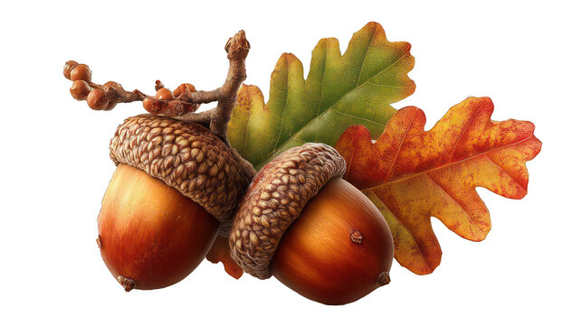 Golden autumn acorn isolated on transparent background, warm golden hour lighting, high detail texture