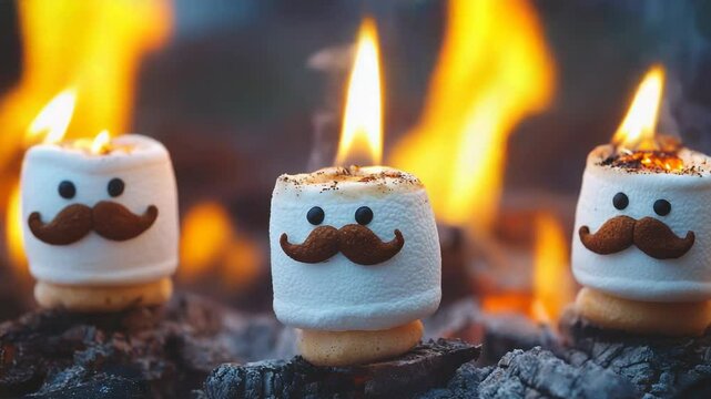Delightful marshmallow treats with playful faces, glowing warmly against a backdrop of flickering flames, perfect for capturing the joy of campfire gatherings and sweet moments.