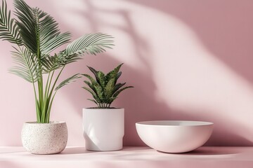 Fototapeta premium Still life of potted plants and a white bowl against a pink wall with soft shadows creating a serene scene