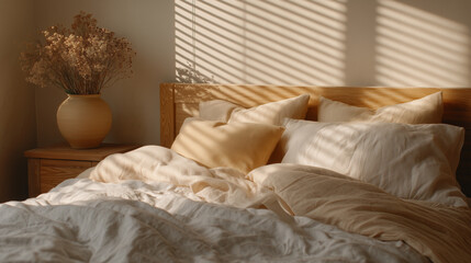 Sun-drenched bedroom interior with minimalist bedding and wooden furniture