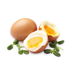 Soft boiled eggs with microgreens on white background